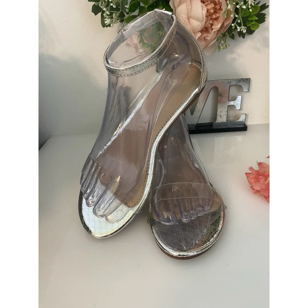 Clear Acrylic and Silver Faux Reptile Wild Diva Ankle Strap Sandals Size‎ 8/8.5